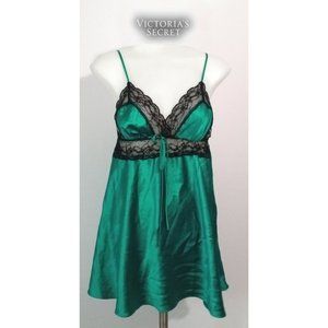Victoria's Secret Emerald Green Satin & Lace Chemise Lingerie Sz L
